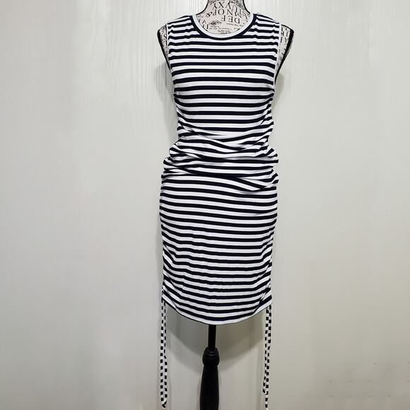 BB Dakota by Steve Madden NWT Navy Cream Stripe Tank Bodycon Dress Ruching Large - Picture 7 of 10